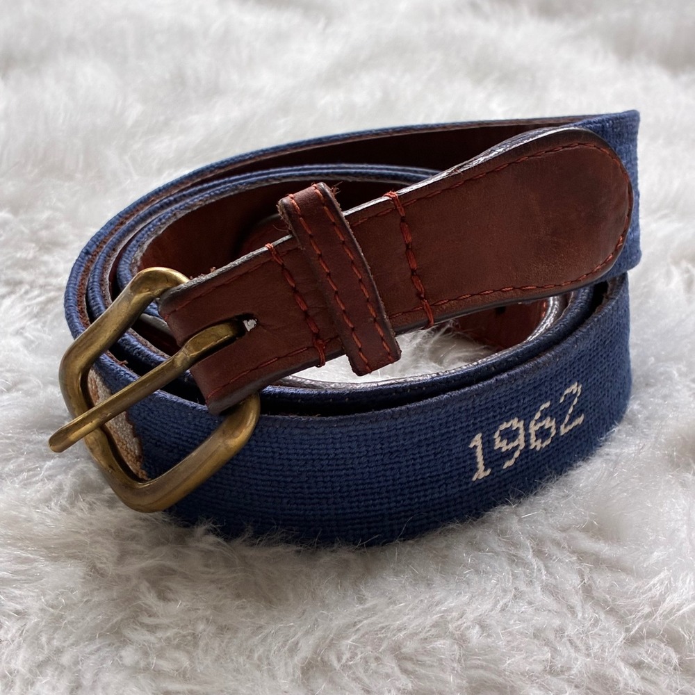 RARE Smathers & Branson 1962 Needlepoint Belt Navy Leather Brass Buckle Size 42